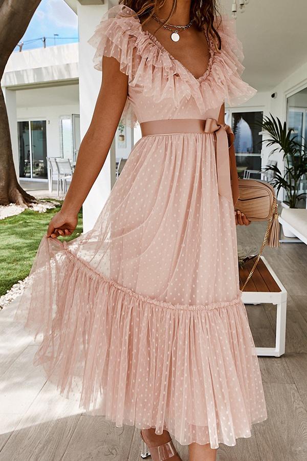 V-neck Mesh Lace Maxi Dress