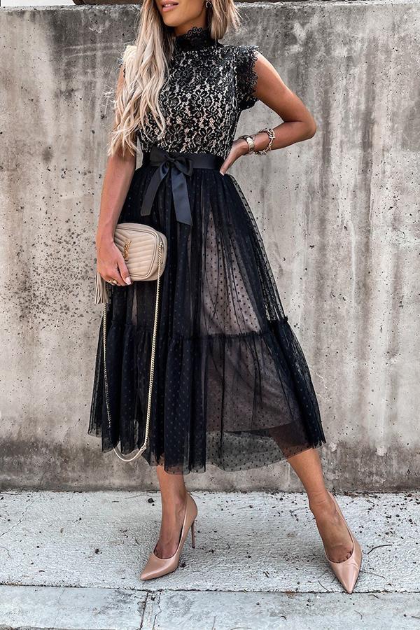 Playful Lace Mesh Stitching Sleeveless Midi Dress