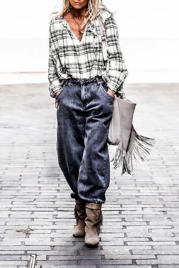 Loose Black And White Plaid Shirt