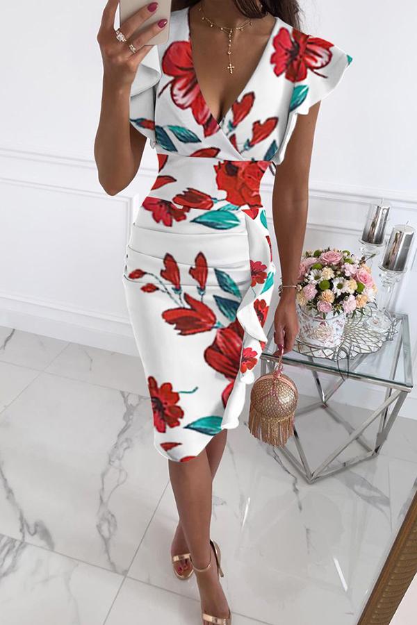 Fashion Street Print Split Joint V Neck Pencil Skirt Dresses