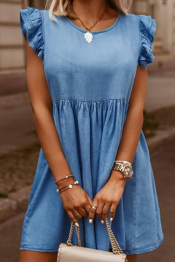 Casual Denim Ruffle O Neck Dress