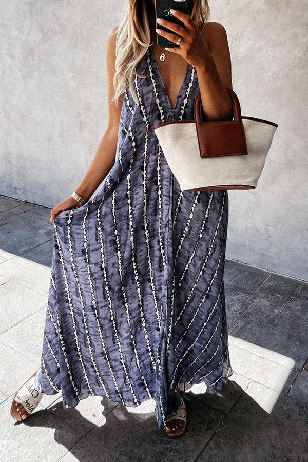 Solid Color Stripe Halter Maxi Dress