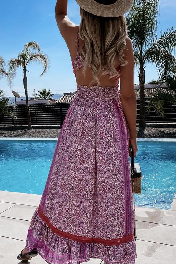 Floral Print Ruffle Tie Back Bohemian Maxi Dress