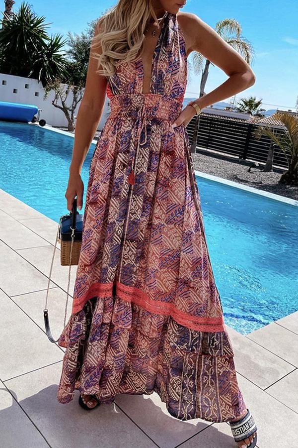 Floral Print Ruffle Tie Back Bohemian Maxi Dress