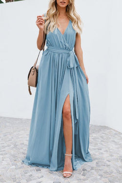 Solid Color V-neck Mid-waist Sleeveless Maxi Dress