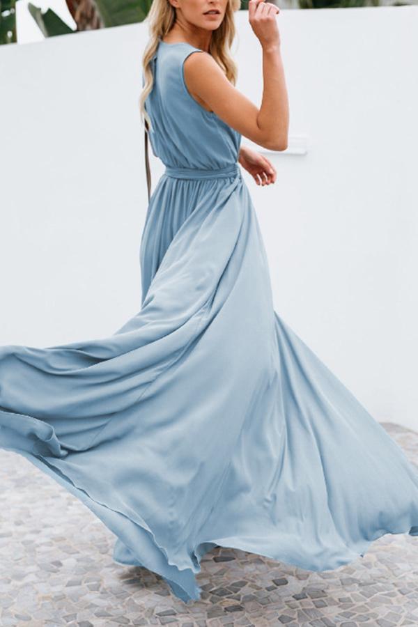 Solid Color V-neck Mid-waist Sleeveless Maxi Dress