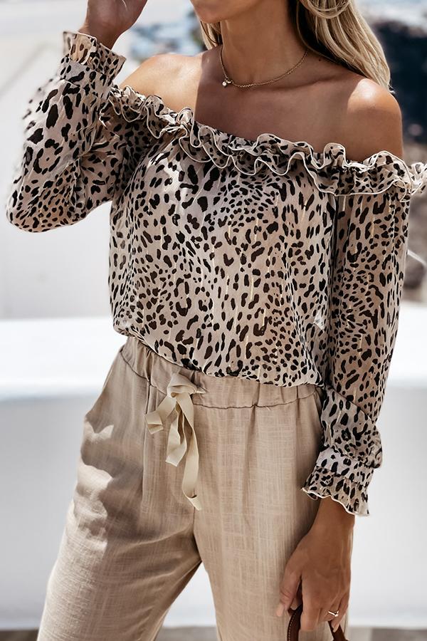 Wooden Ears Off-shoulder Leopard Print Long-sleeved Blouse