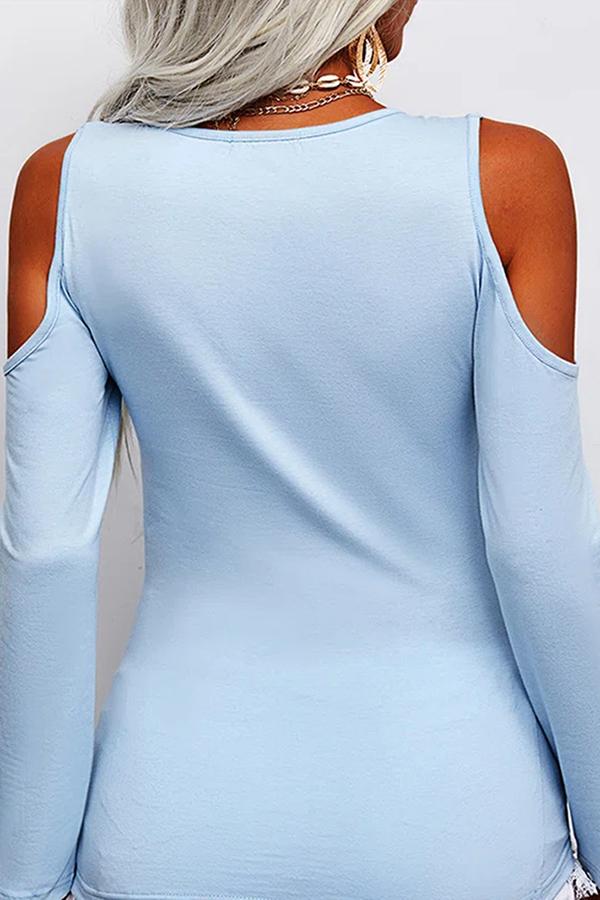 V-neck Off-shoulder Long-sleeved Solid Color T-shirt