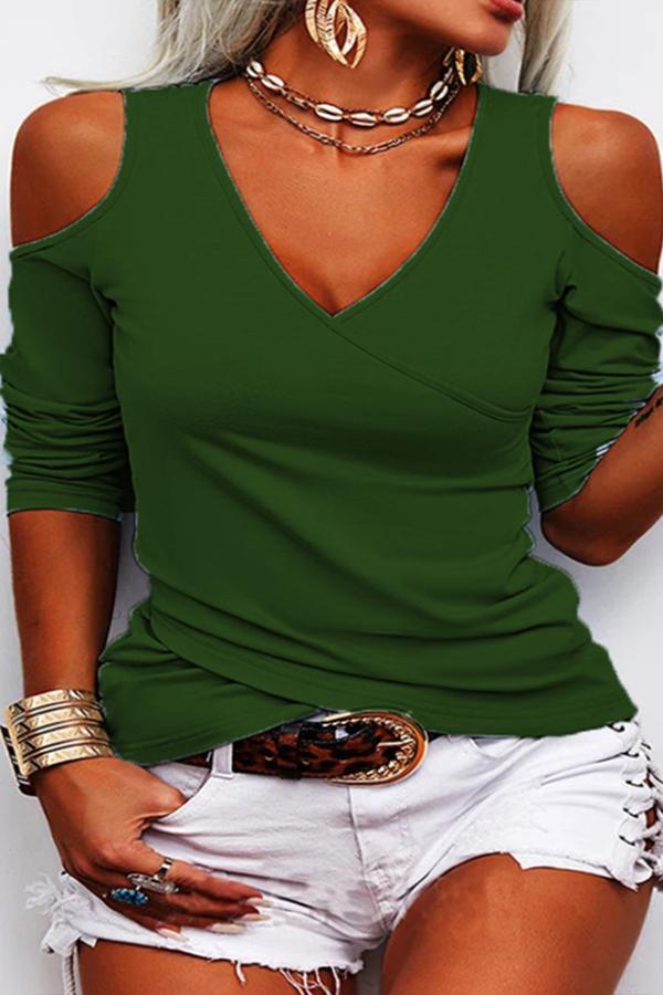 V-neck Off-shoulder Long-sleeved Solid Color T-shirt