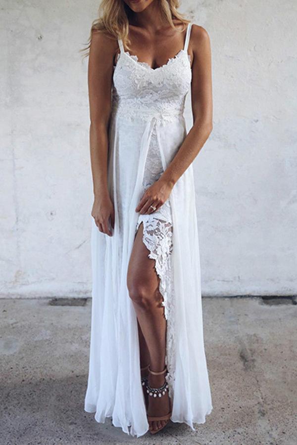 Sling V-neck Lace Slit Irregular Dress