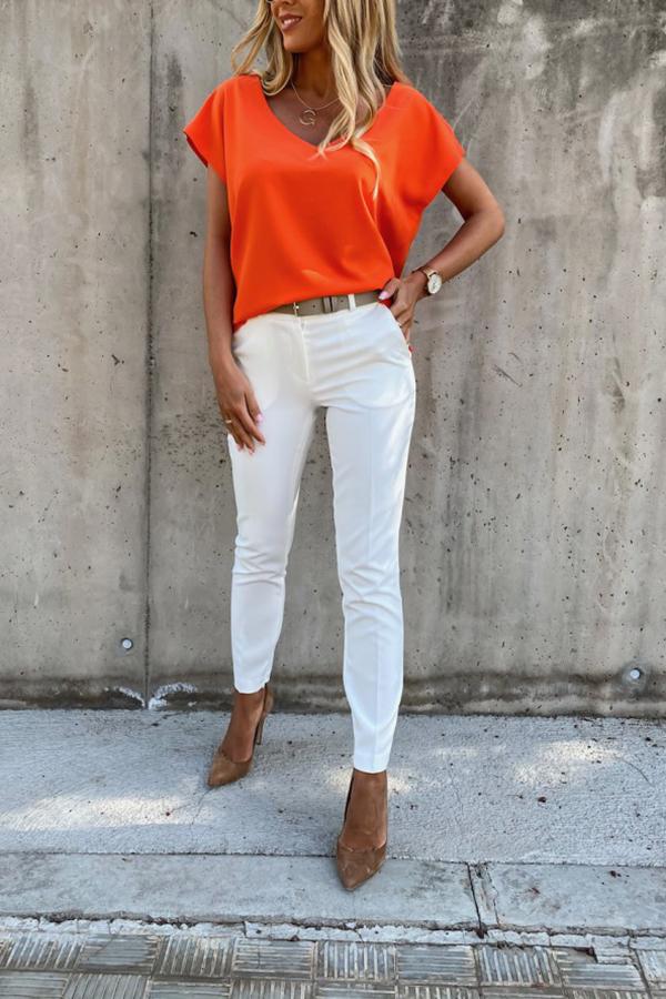 Solid V-Neck Short Sleeves Casual Basic Blouses