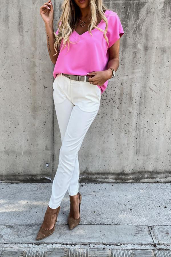 Solid V-Neck Short Sleeves Casual Basic Blouses