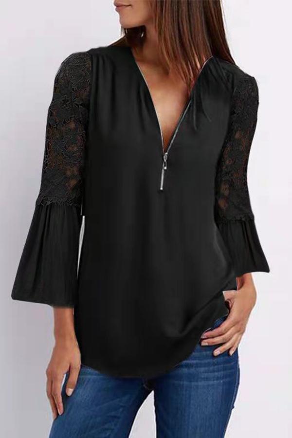 Lace Flared Sleeves With Zipper V-neck Blouse