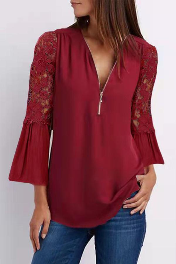 Lace Flared Sleeves With Zipper V-neck Blouse