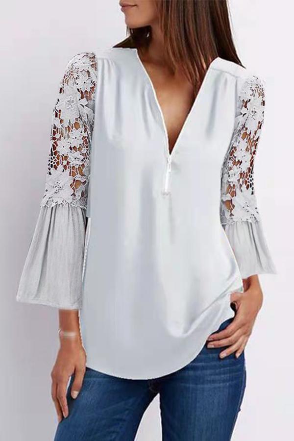 Lace Flared Sleeves With Zipper V-neck Blouse