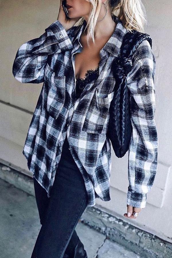 Loose Casual Commuter Black White Plaid Shirt