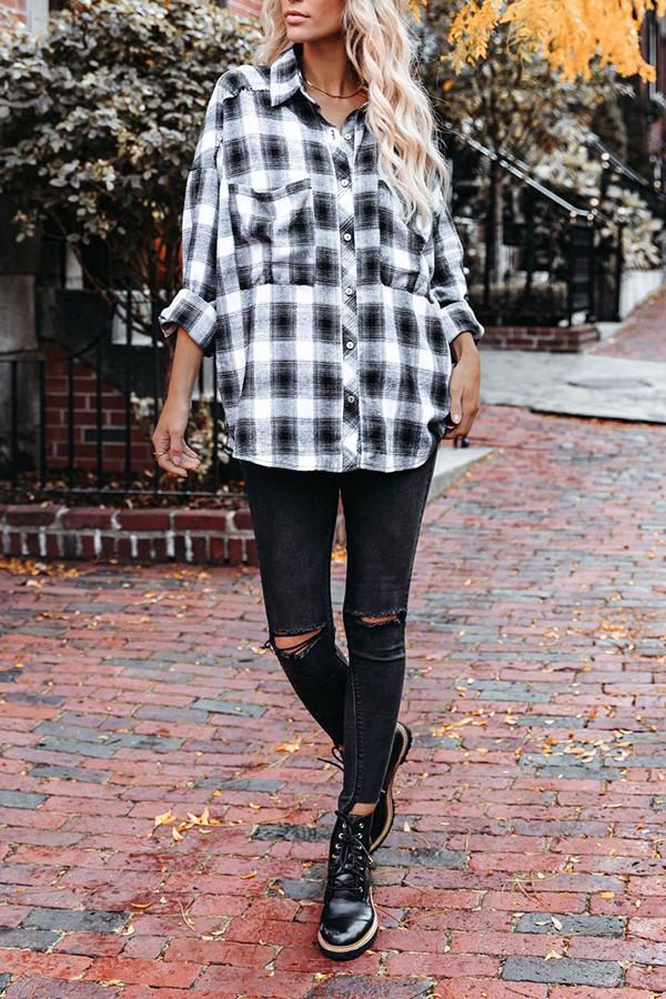 Loose Casual Commuter Black White Plaid Shirt