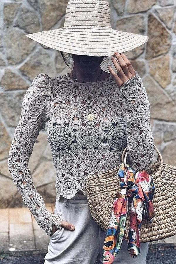 Round Neck Lace Perspective Long Sleeve Blouse