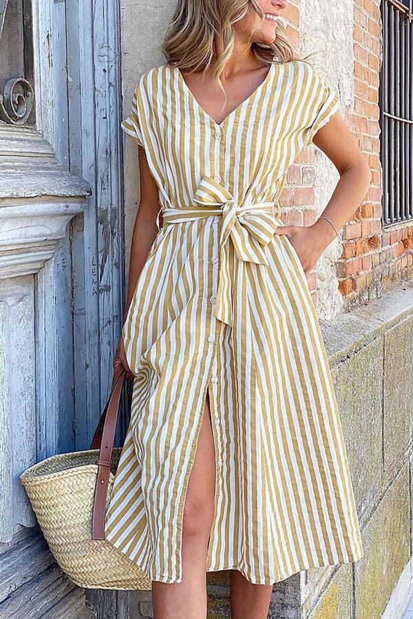 Striped Lace Button V-neck Sleeveless Dress