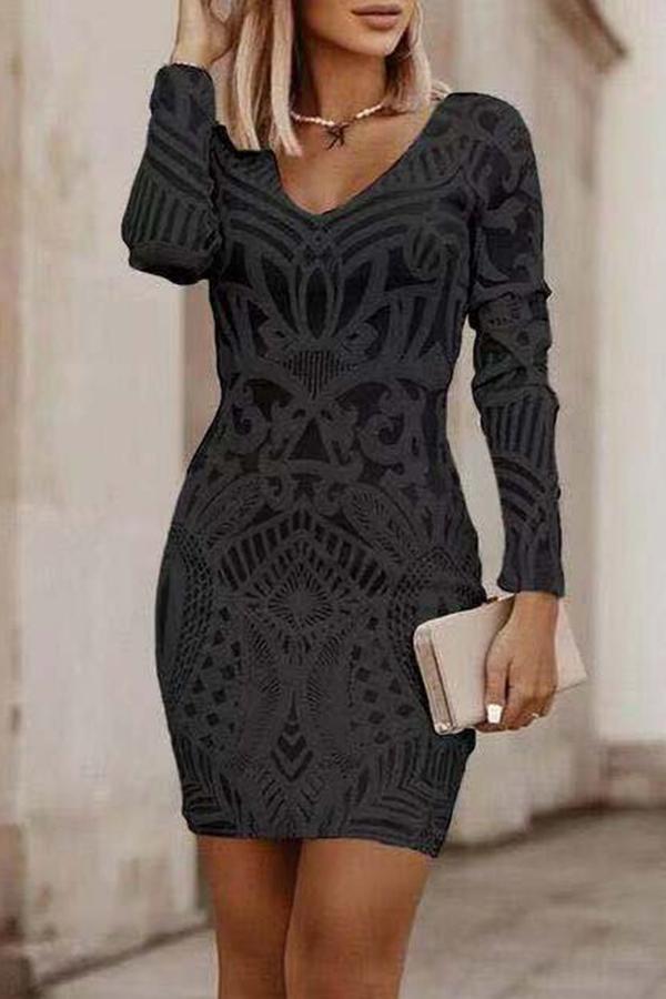 White Lace Pattern Long-sleeved Mini Bodycon Dress