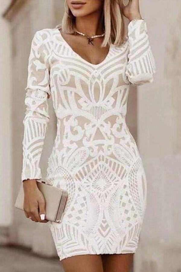 White Lace Pattern Long-sleeved Mini Bodycon Dress