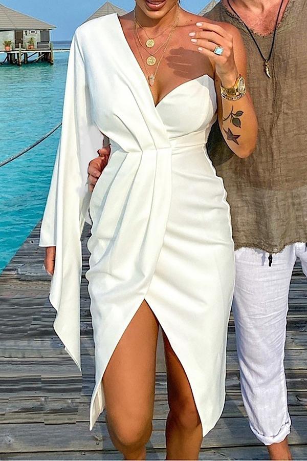 One Shoulder Flared Sleeve Sexy Split Party Dress