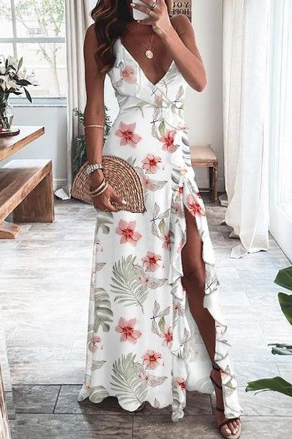 V-neck Strap Slit Print Dress