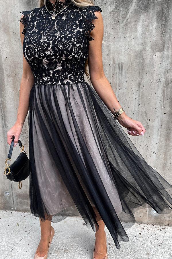 Black Lace Stitching Mesh Sleeveless Midi Dress