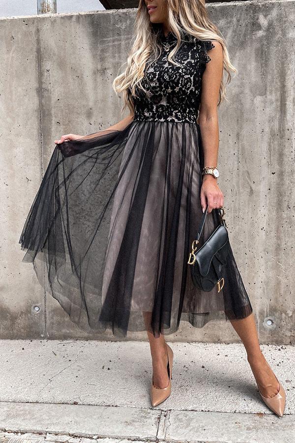 Black Lace Stitching Mesh Sleeveless Midi Dress