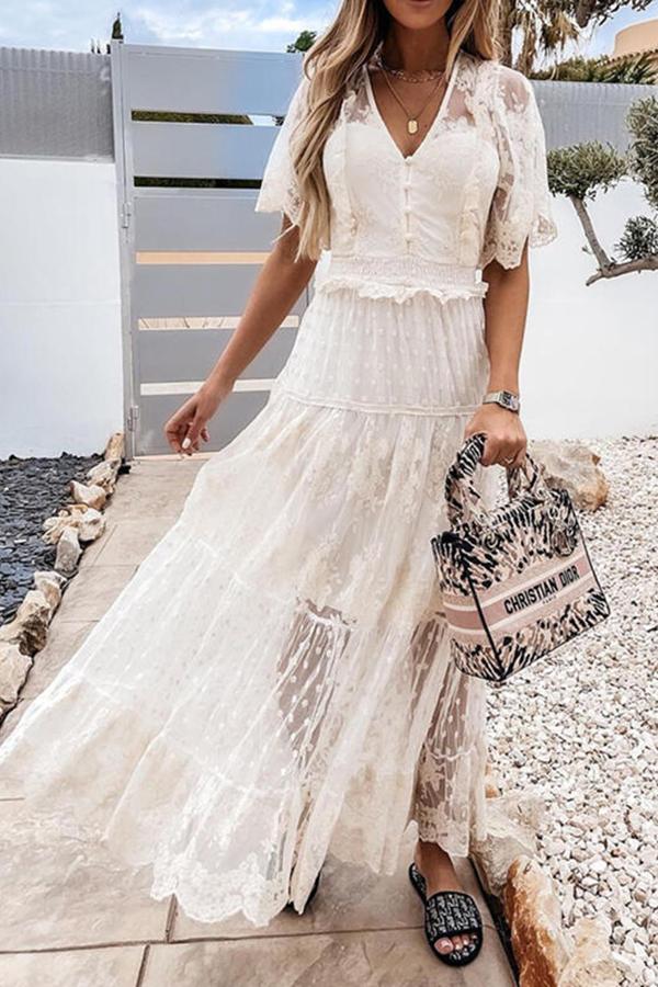 V-neck Short-sleeved Lace Maxi Dress