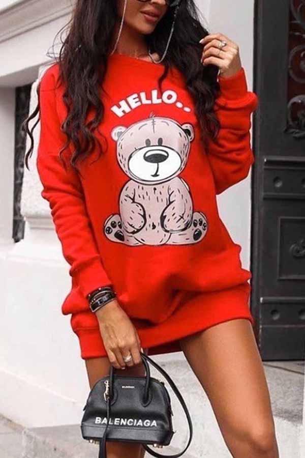 Bear Print Long Sleeve Sweatshirt Dress