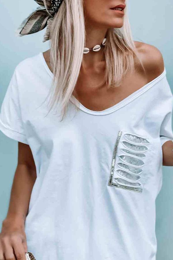 White Loose V-neck Simple T-shirt