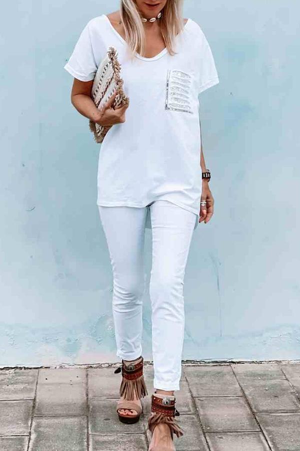 White Loose V-neck Simple T-shirt