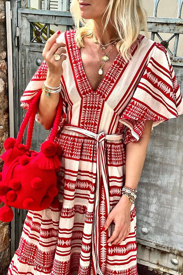 Ethnic Style Check Print Midi Dress