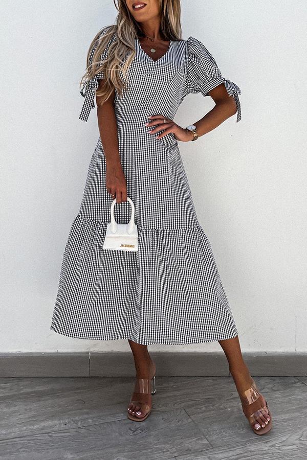 Plaid Cuff Bow Maxi Dress