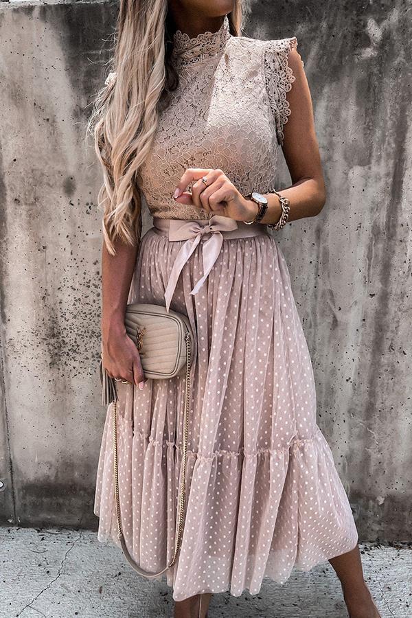 Pink Mesh Lace Stitching Midi Dress