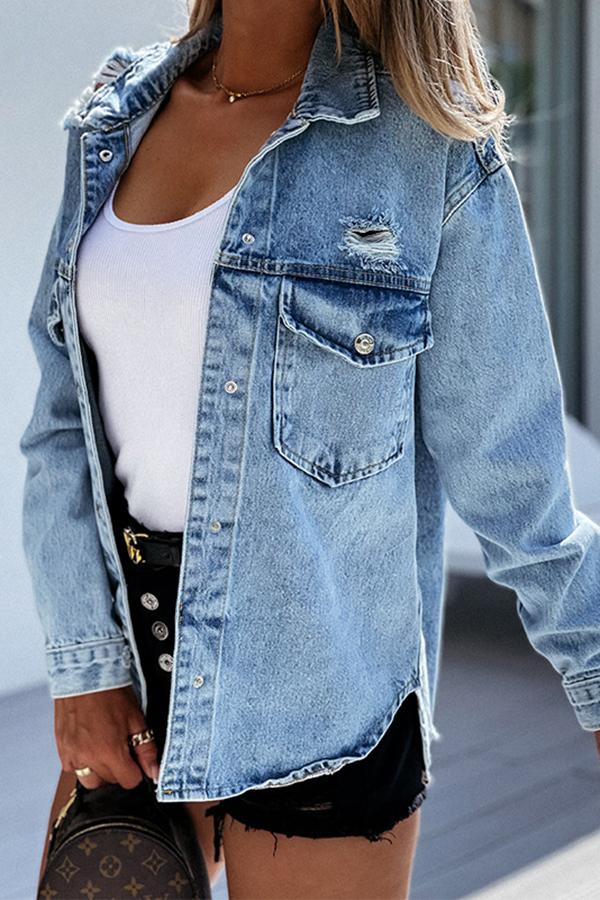 Casual Ripped Long-sleeved Denim Jacket Top