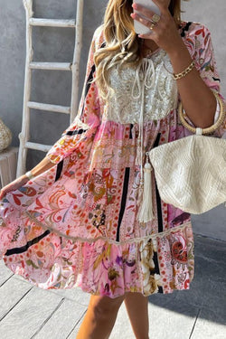 Casual Print Stitching Lace Chiffon Skirt Mini Dress