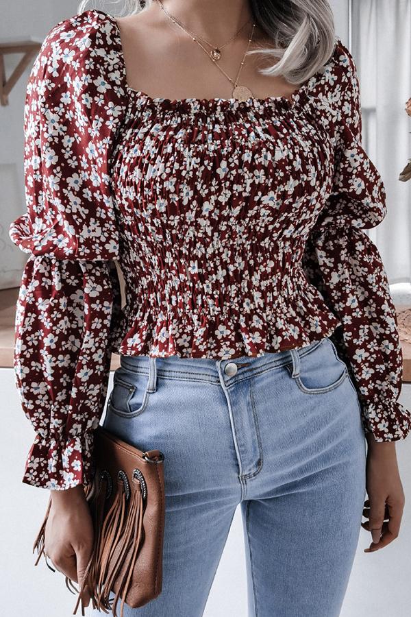 Square Neck Flared Sleeve Floral Chiffon Shirt