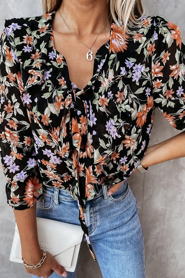 Chiffon Ruffle Printed Long-sleeved Shirt