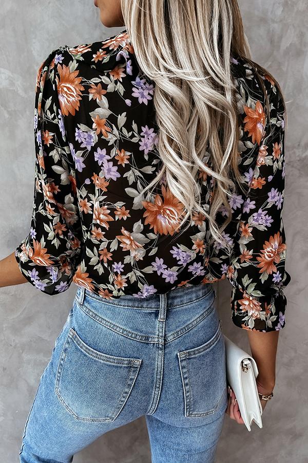 Chiffon Ruffle Printed Long-sleeved Shirt