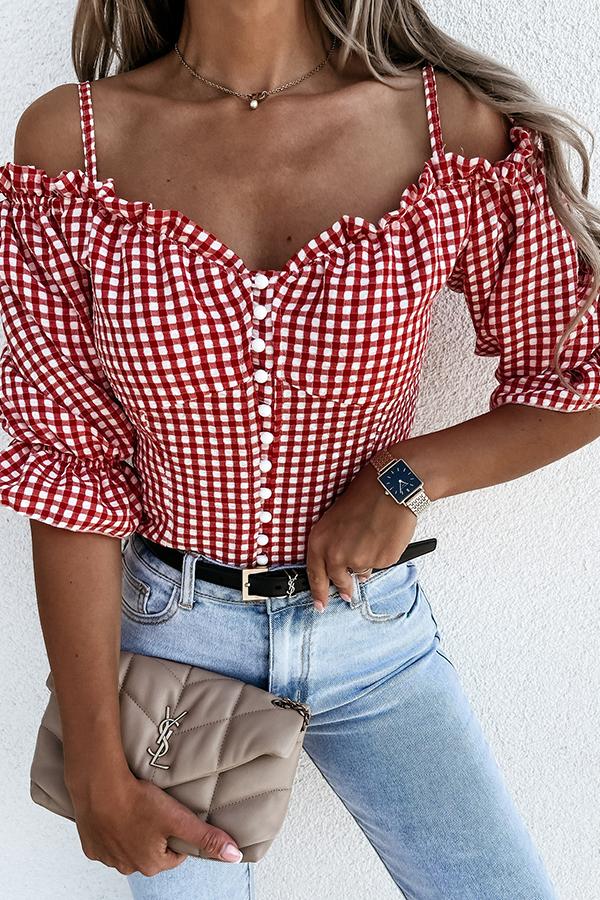 One-shoulder Retro Plaid Long-sleeved Shirt