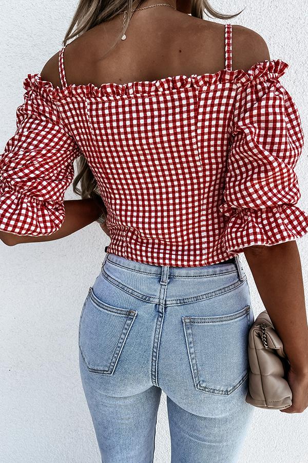 One-shoulder Retro Plaid Long-sleeved Shirt