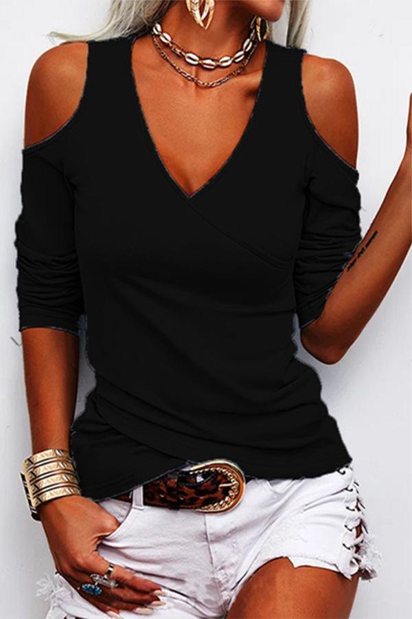 V-neck Off-shoulder Slim Long-sleeved T-shirt