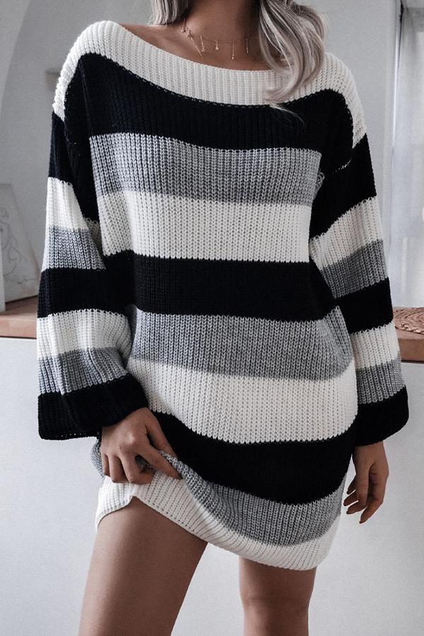 Off-the-shoulder Loose Contrast Striped Sweater Dress