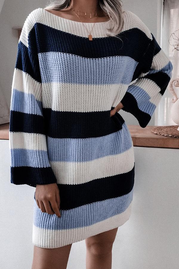 Off-the-shoulder Loose Contrast Striped Sweater Dress