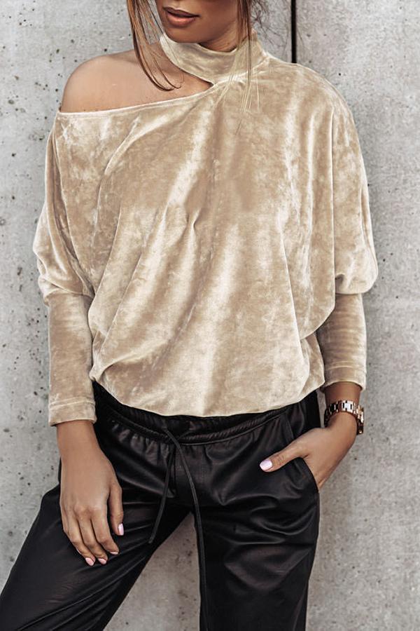 Off-shoulder Long-sleeved Gold Velvet Solid Color Top