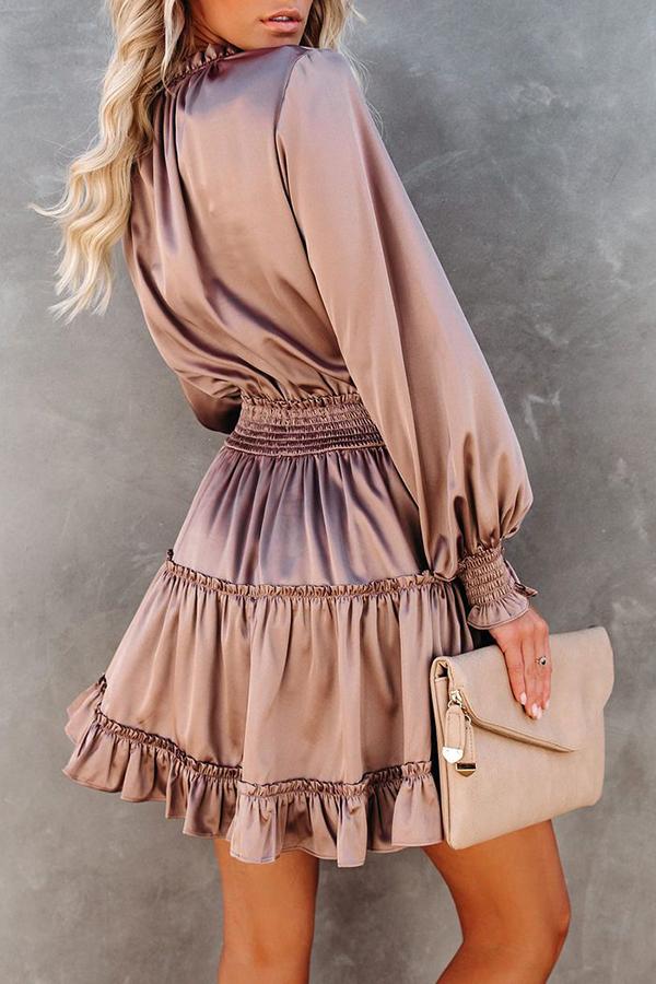 V-neck Solid Color Long-sleeved Waist Stitching Dress