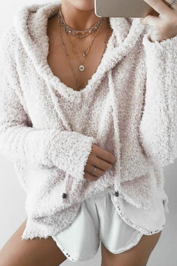 Mohair pullover hooded drawstring sweatshirt