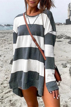 Printed Striped Long-sleeved Side Slit Sweatshirt